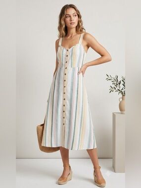 Madewell 100% Linen Striped Midi Dress Button Front Pastel Size 4 Summer Beach